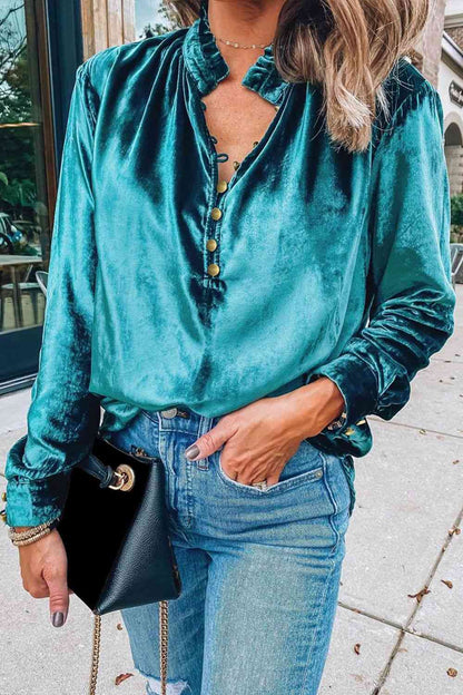 Rouleau Buttoned Velvet Blouse