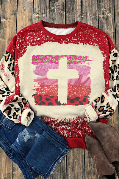 Bleached Leopard Print Cross Sweatshirt