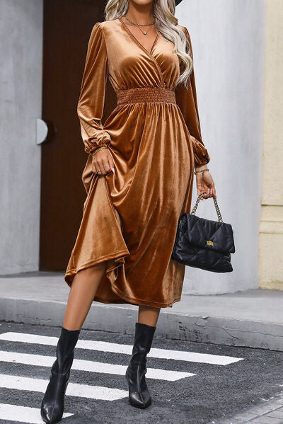 Velvet Balloon Sleeve Smocked Midi Dress