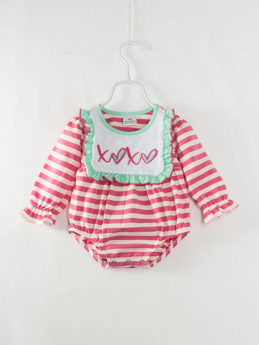 Pink and Mint Stripe XOXO Ruffle Romper
