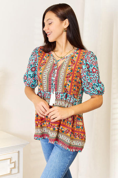 Blusa babydoll boho con mangas abullonadas de Double Take