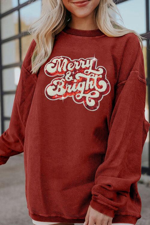 Ribbed Sequin MERRY AND BRIGHT Crewneck Sweatshirt