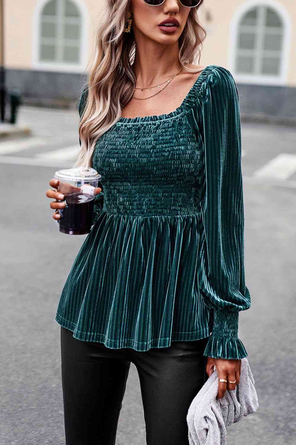 Smocked Velvety Blouse