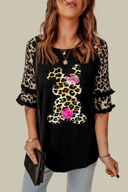 Leopard Easter Bunny Frill Sleeve Top