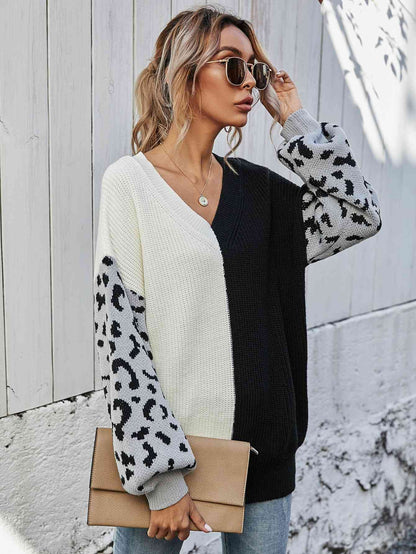 Woven Right Leopard Color Block V-Neck Oversized Sweater