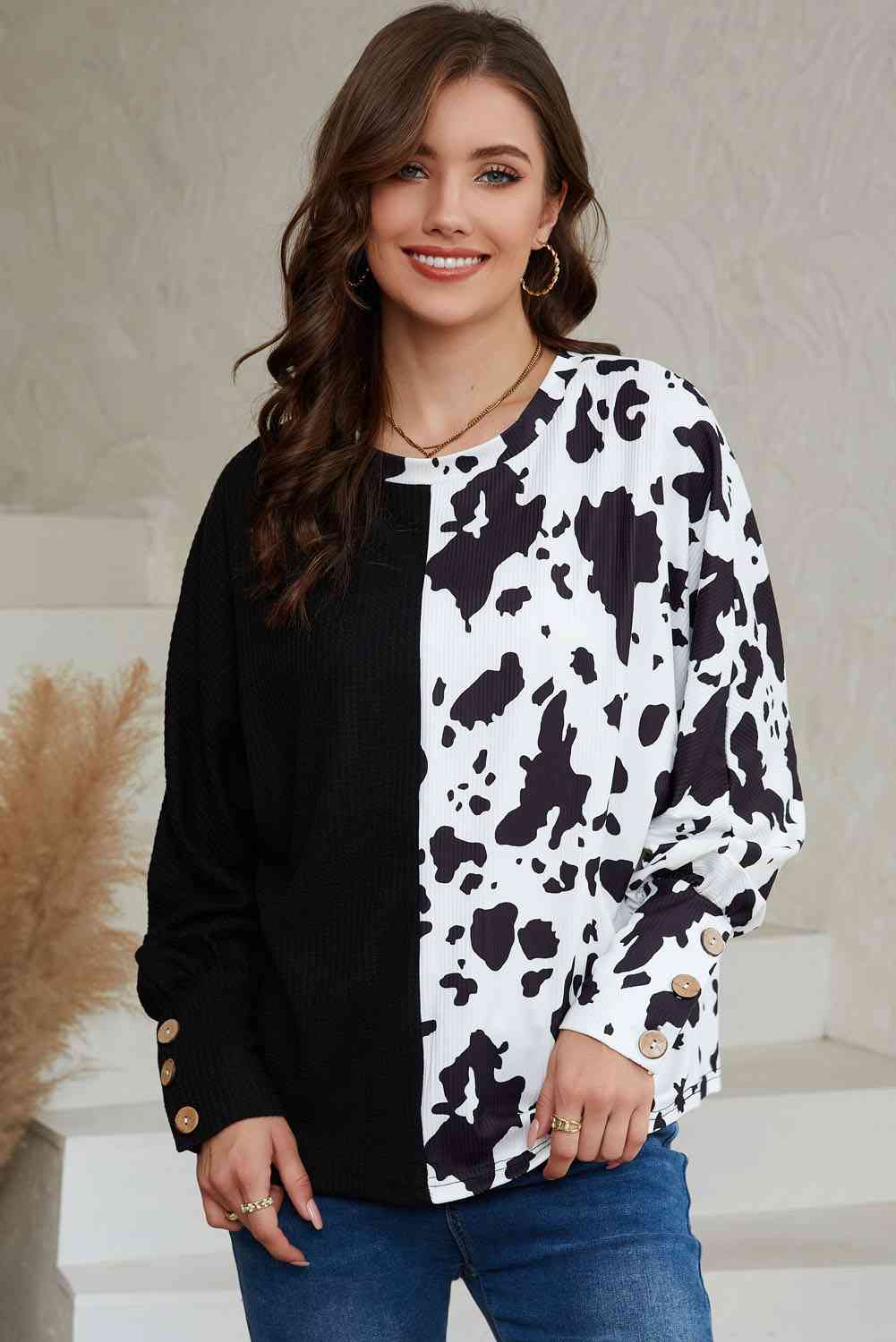 Cowprint Print Round Neck Top