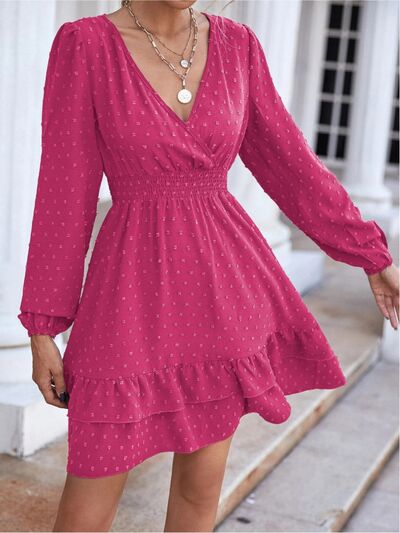 Swiss Dot Surplice Smocked Ruffle Dress