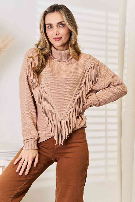 Woven Right Turtleneck Fringe Sweater