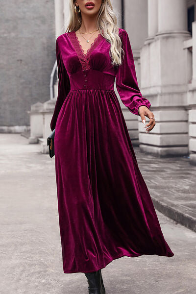 Lace and Velvet Balloon Sleeve Midi Dress