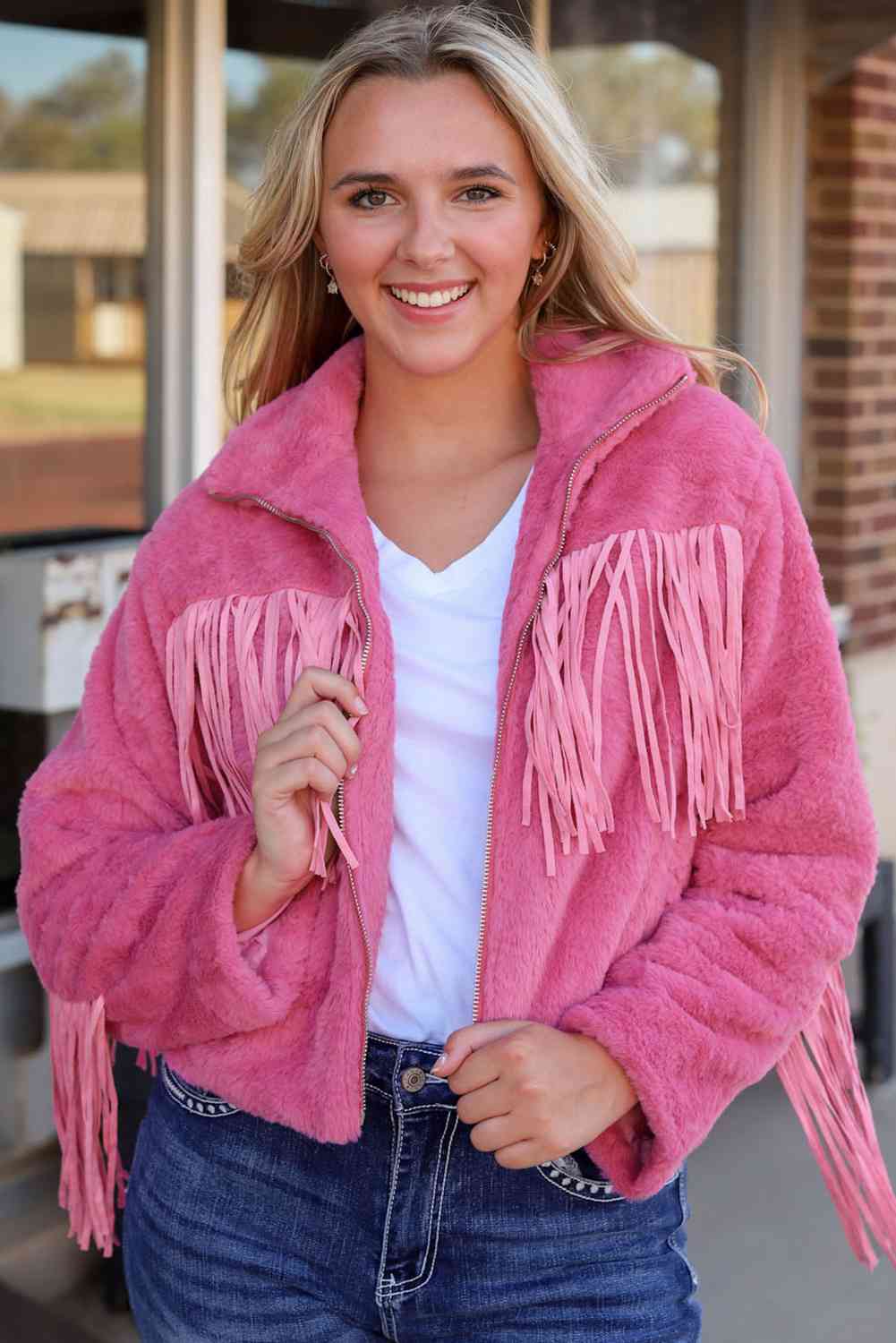 Hot Pink Fringe Fleece Jacket