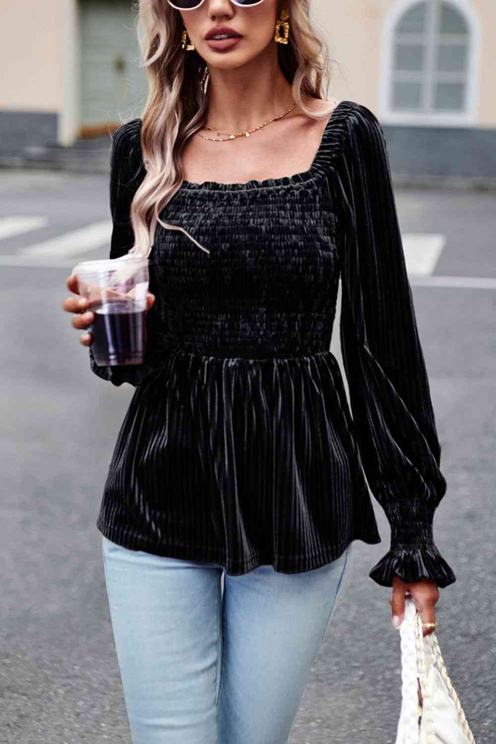 Smocked Velvety Blouse