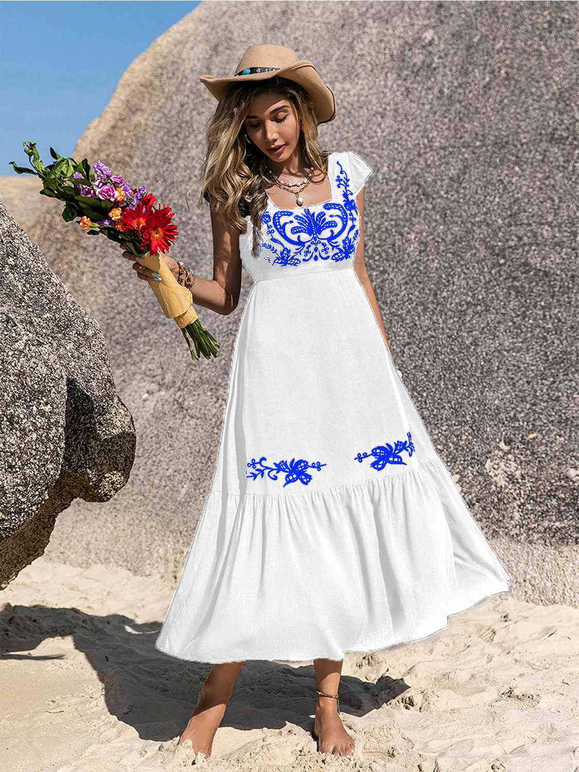 Embroidered Ruffle Hem Dress