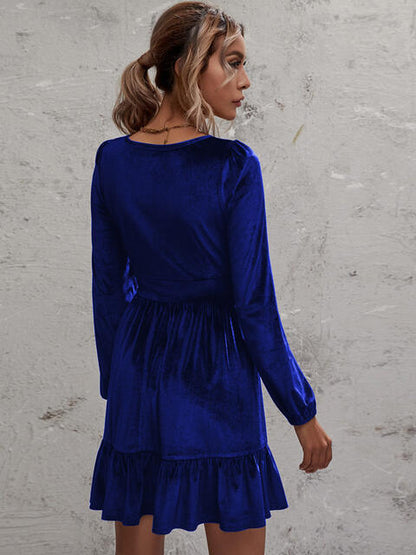 Velvet Plunge Ruffle Hem Dress