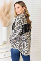 Double Take Leopard Fringe Denim Jacket