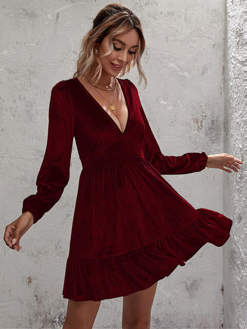 Velvet Plunge Ruffle Hem Dress