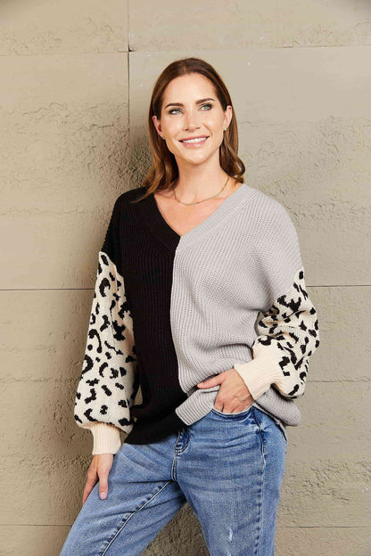 Woven Right Leopard Color Block V-Neck Oversized Sweater