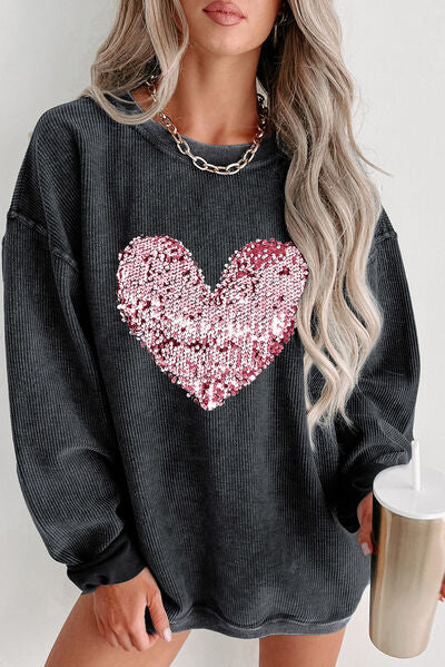 Heart Sequin Crew Neck Sweatshirt