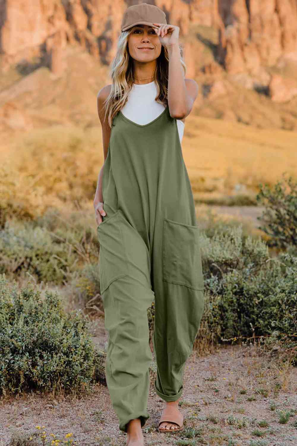 V-Neck Jumpsuit with Pocket