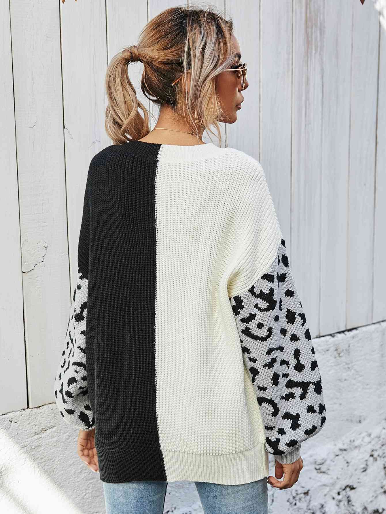 Woven Right Leopard Color Block V-Neck Oversized Sweater