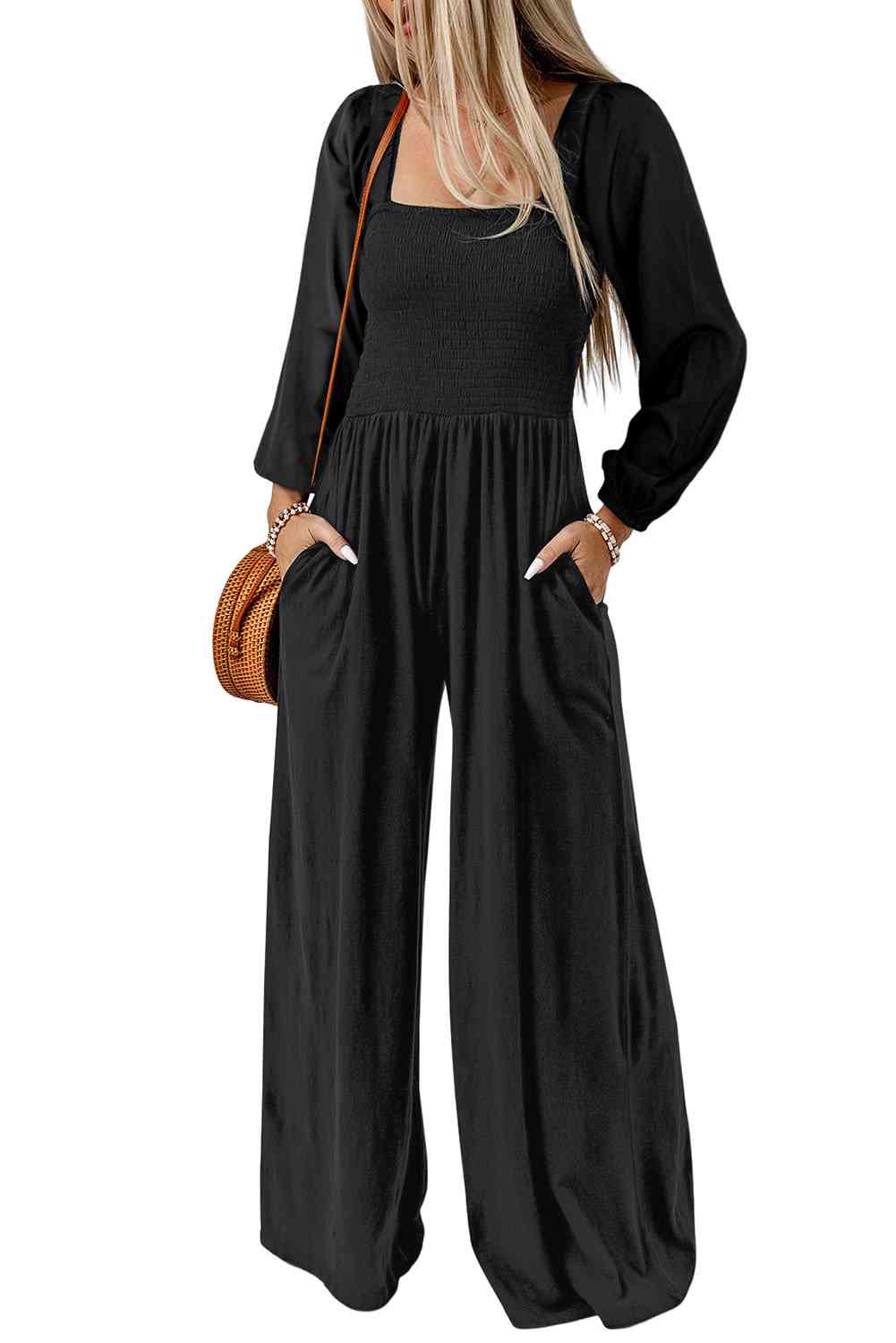 Long Sleeve Flare Leg Jumpsuit with Pockets