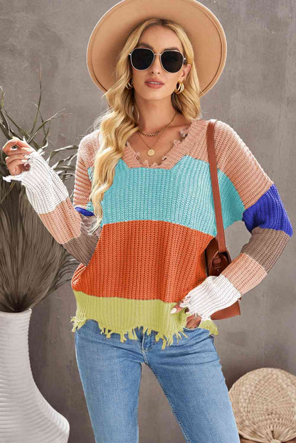 Woven Right Distressed Color Block Ribbed Sweater