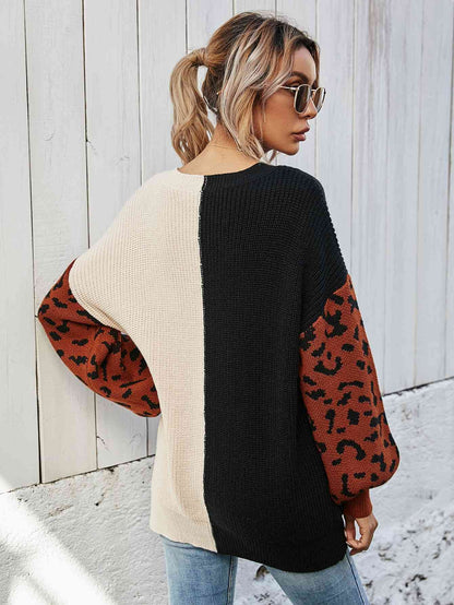 Woven Right Leopard Color Block V-Neck Oversized Sweater