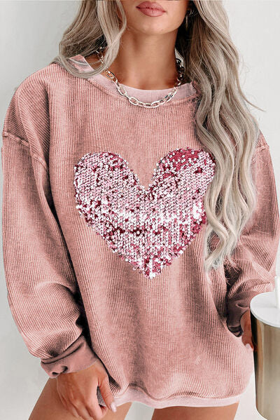 Heart Sequin Crew Neck Sweatshirt