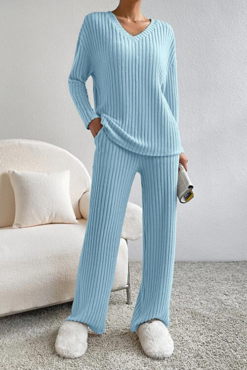 Ribbed V-Neck Lounge Set