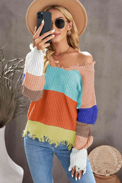 Woven Right Distressed Color Block Ribbed Sweater