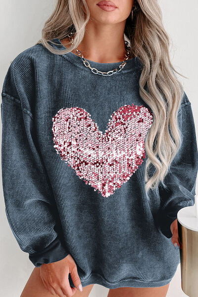 Heart Sequin Crew Neck Sweatshirt