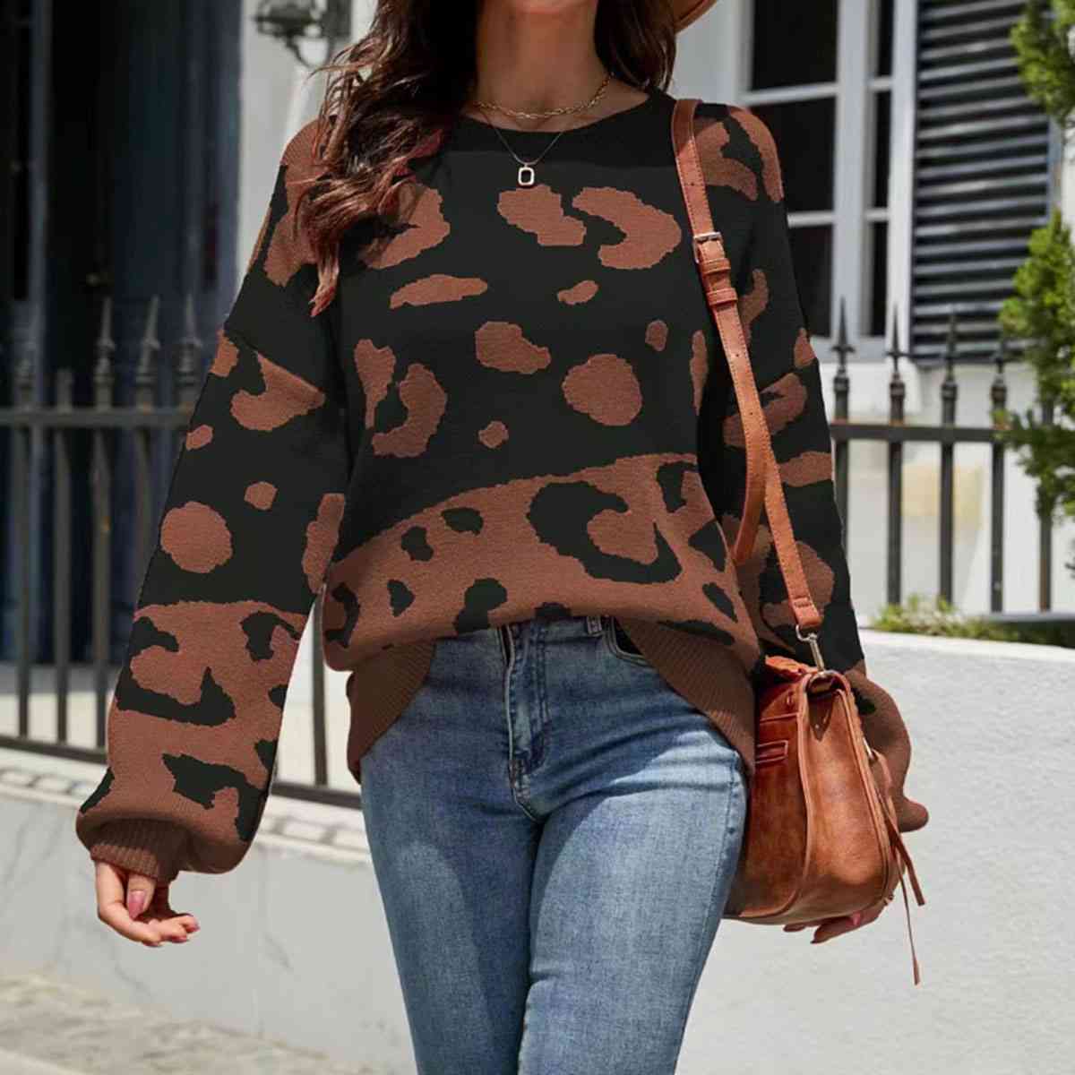 Contrast Leopard Puff Sleeve Sweater