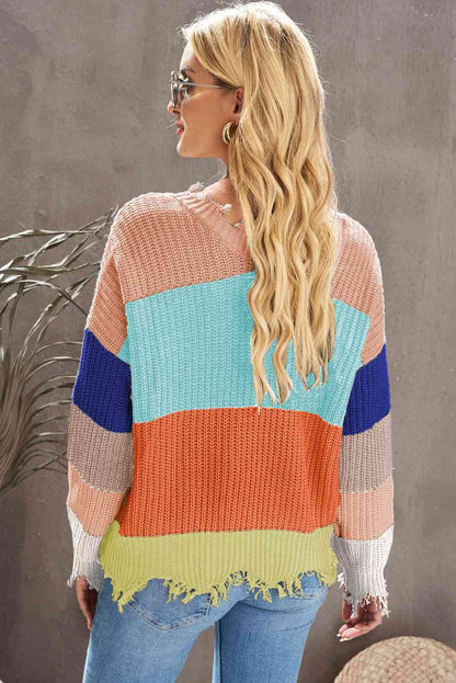 Woven Right Distressed Color Block Ribbed Sweater