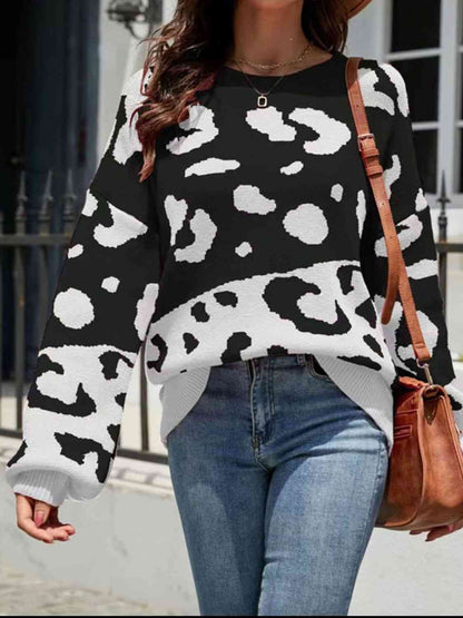 Contrast Leopard Puff Sleeve Sweater