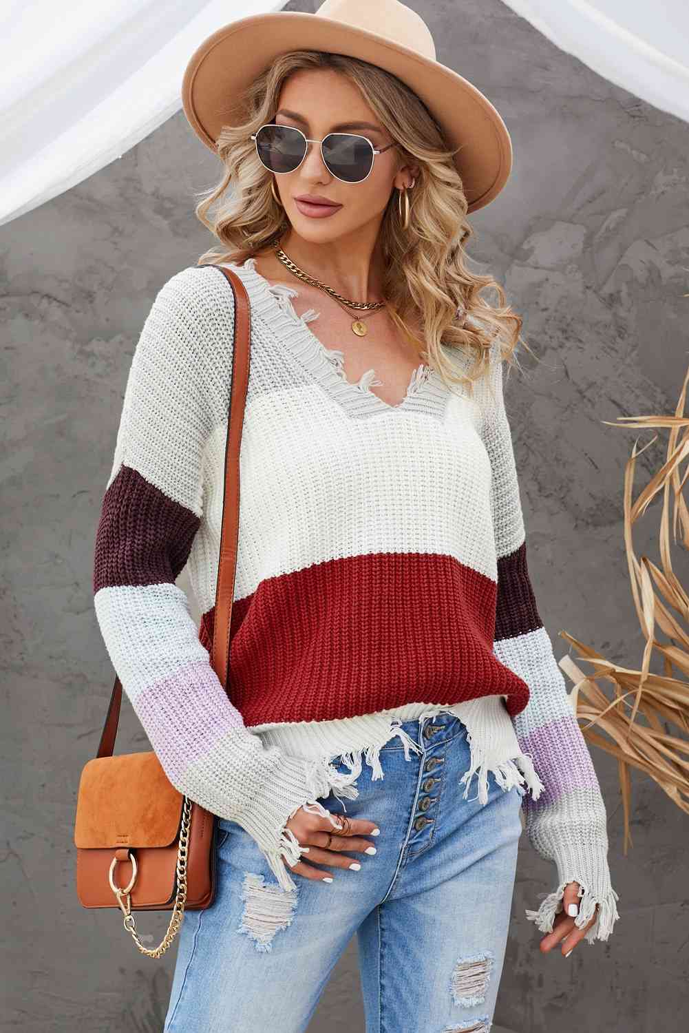 Woven Right Distressed Color Block Ribbed Sweater