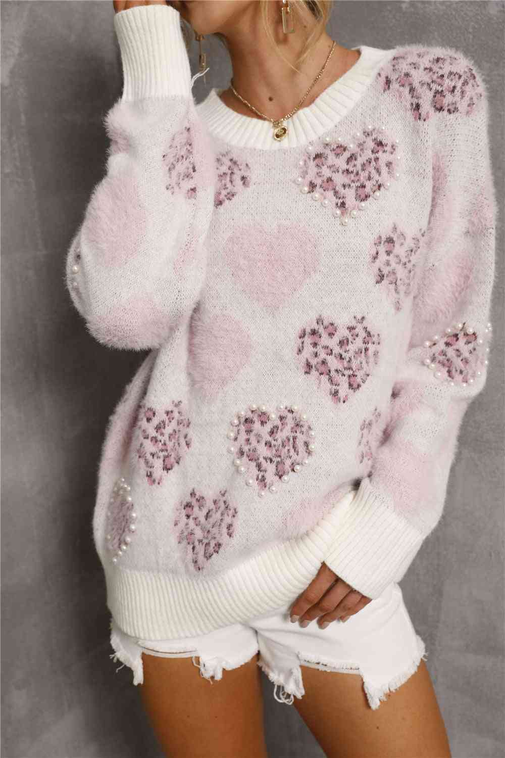 Leopard and Pearls Heart Pattern Sweater