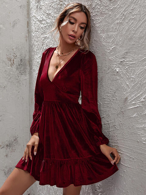 Velvet Plunge Ruffle Hem Dress