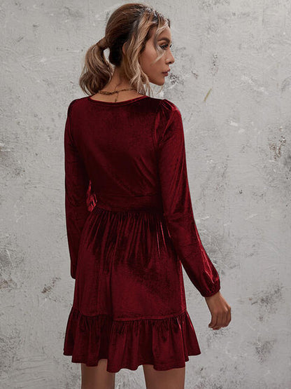 Velvet Plunge Ruffle Hem Dress