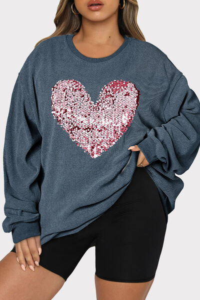 Heart Sequin Crew Neck Sweatshirt