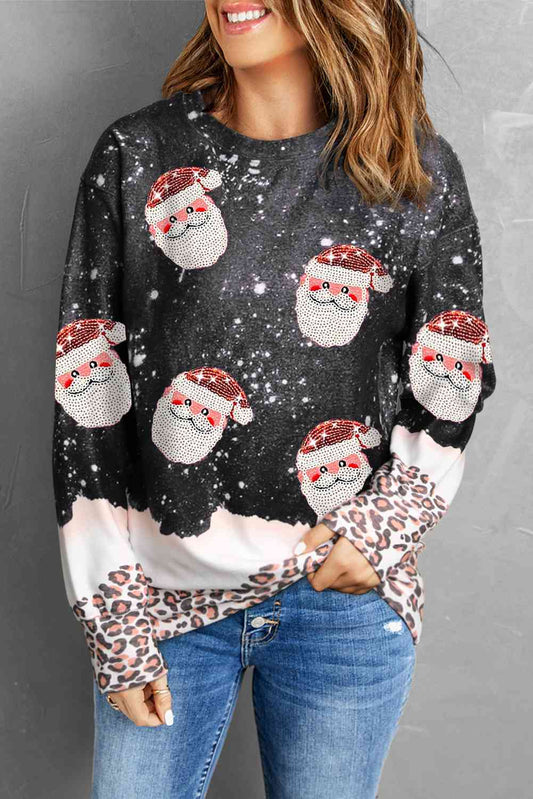 Sudadera con lentejuelas de Papá Noel y leopardo blanqueado