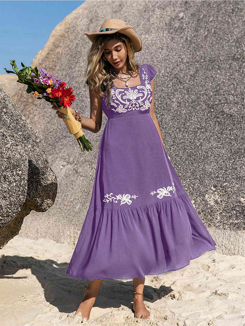 Embroidered Ruffle Hem Dress