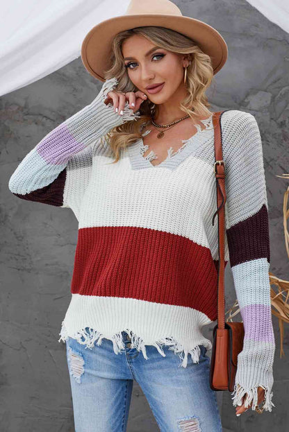 Woven Right Distressed Color Block Ribbed Sweater