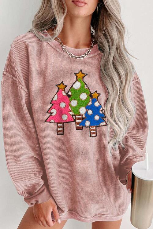 Sudadera con hombros caídos y cuello redondo con diseño de árbol de Navidad