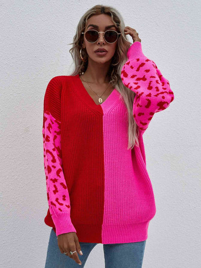 Woven Right Leopard Color Block V-Neck Oversized Sweater