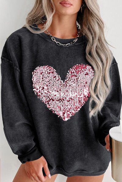 Heart Sequin Crew Neck Sweatshirt