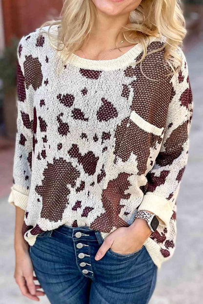 Woven Waffle Cow Print Sweater