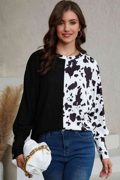 Cowprint Print Round Neck Top