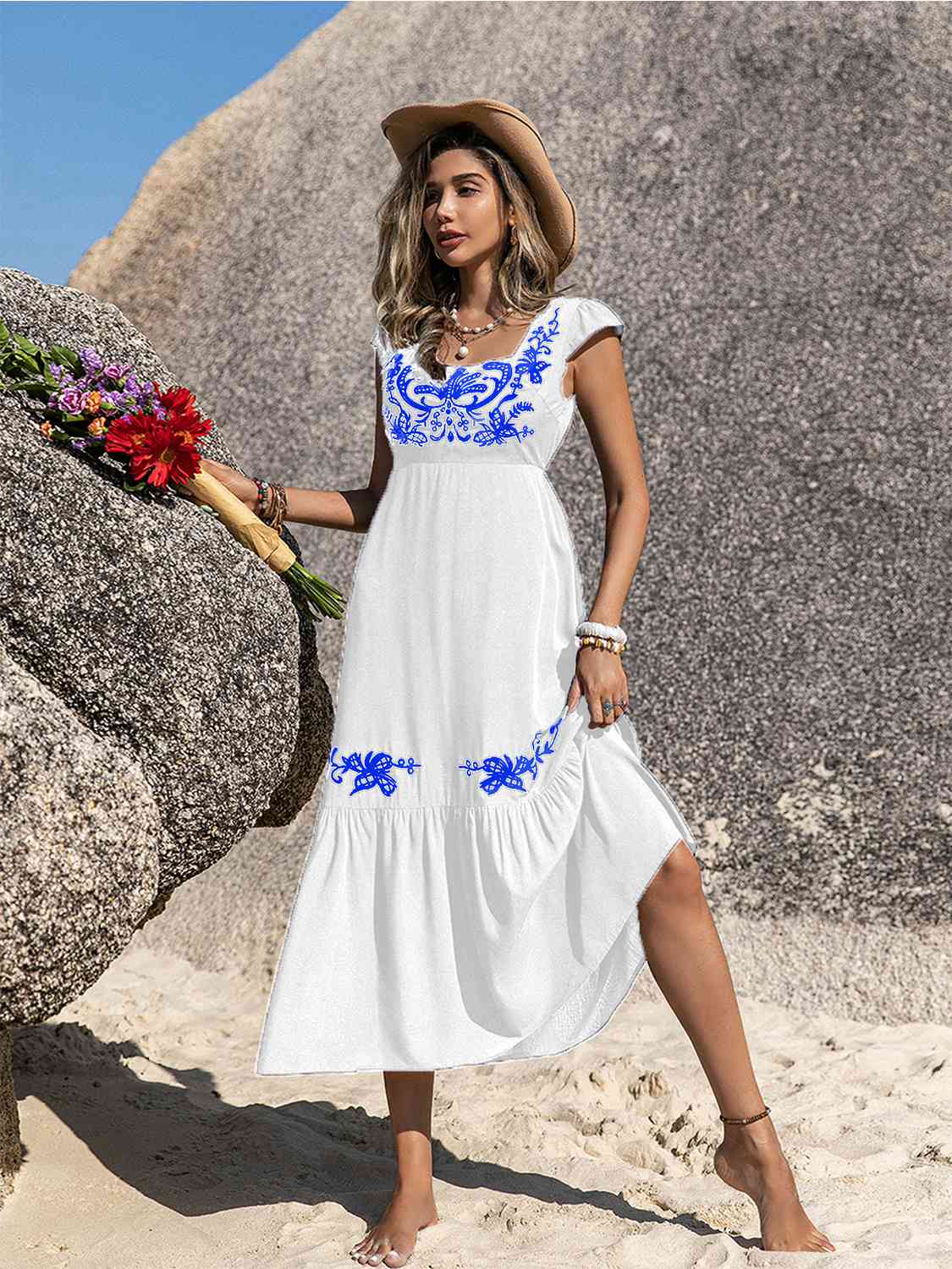 Embroidered Ruffle Hem Dress