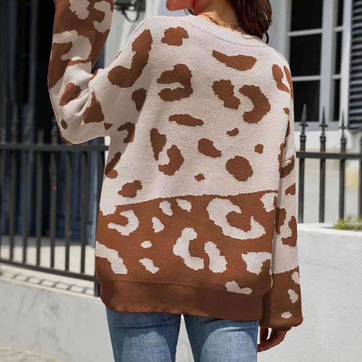 Contrast Leopard Puff Sleeve Sweater