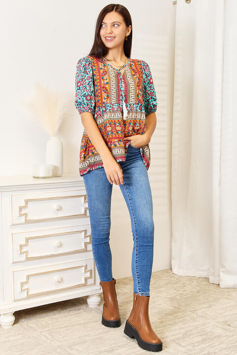 Double Take Boho Puff Sleeve Babydoll Blouse