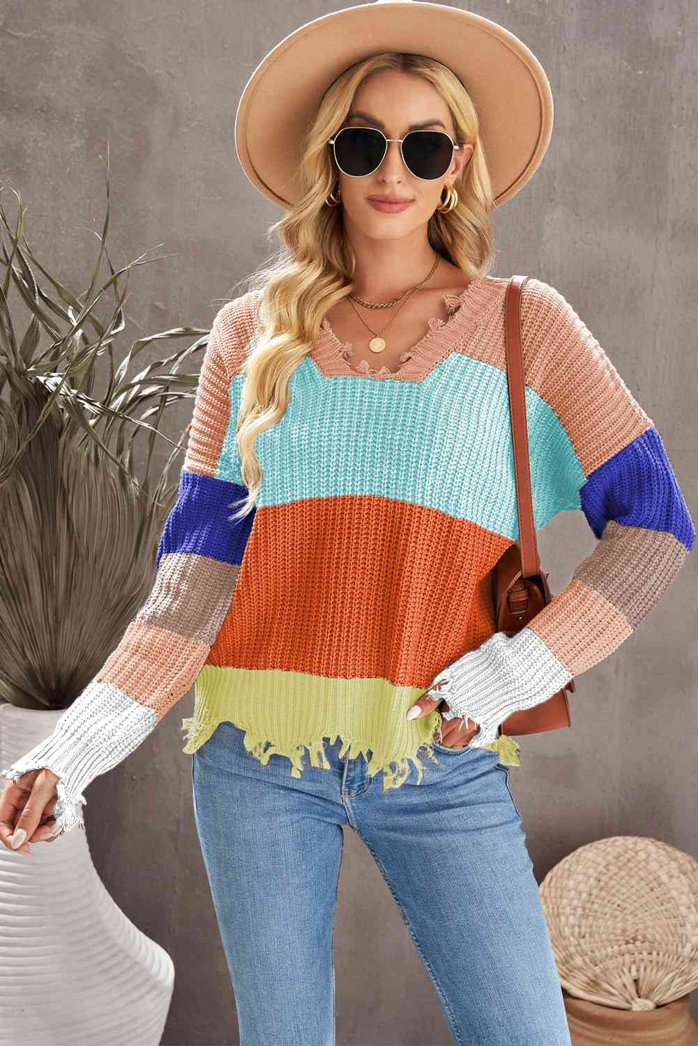 Woven Right Distressed Color Block Ribbed Sweater